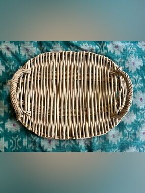 Vintage French Wicker Serving Tray Oval Rattan Cane Handles Boho Cottage
